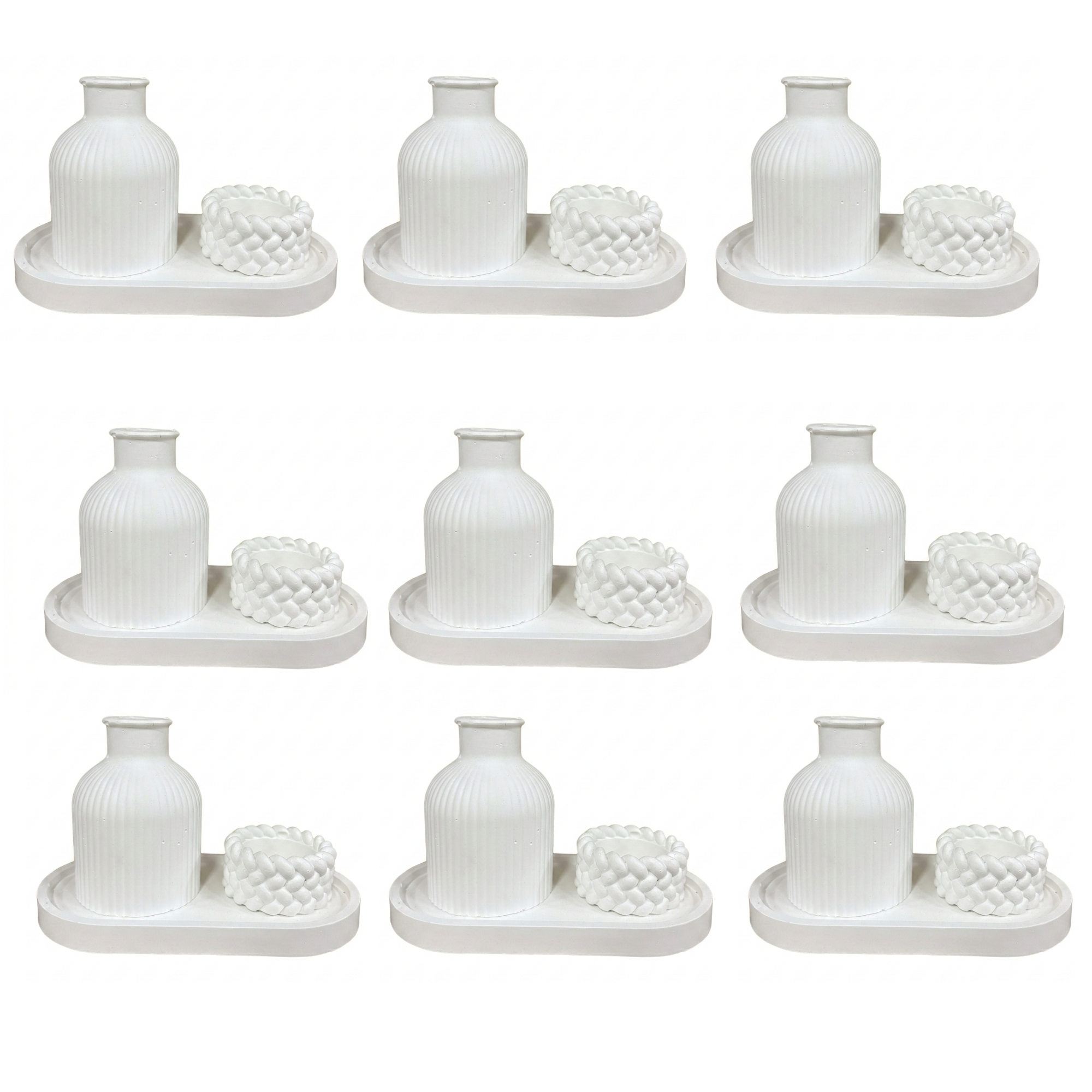 Kit 15 Conjuntos Decorativos Minimalistas – Vaso, Castiçal e Bandeja