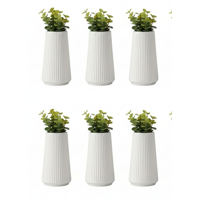Kit com 6 Vasos de Gesso decorativo Canelados brancos com plantas artificiais 20x8